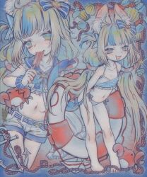 1girl :d absurdres anchor animal_ear_fluff animal_ears bare_legs barefoot bikini blush crab eating fang fins fish_tail flat_chest food frilled_sailor_collar frills full_body gh0sttnacht highres indie_virtual_youtuber lifebuoy lifebuoy_hair_ornament loli long_hair looking_at_viewer low_twintails multicolored_hair multiple_views open_mouth popsicle rope sailor_bikini sailor_collar sameko_saba seashell shell short_shorts shorts smile solo streaked_hair striped_bikini striped_clothes swim_ring swimsuit tail twintails very_long_hair