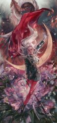 1girl abstract_background absurdres arm_up axe battle_axe black_shoes blonde_hair breasts capelet center_opening chroulvus cleavage cleavage_cutout closed_mouth clothing_cutout commentary crescent double_bun dual_persona edelgard_von_hresvelg edelgard_von_hresvelg_(timeskip) english_commentary fake_horns fire fire_emblem fire_emblem:_three_houses floating_hair from_side full_body garreg_mach_monastery_uniform gloves hair_bun hair_floating_upwards hair_up head_tilt headpiece highres horns long_sleeves looking_at_viewer looking_to_the_side medium_breasts nintendo outdoors pantyhose parted_bangs purple_eyes red_capelet red_lips red_pantyhose shoes solo upper_body weapon white_gloves