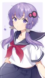 1girl :&lt; alternate_costume binchou_maguro blue_sailor_collar blue_skirt border closed_mouth commentary_request hair_ornament highres looking_at_viewer low_twintails neckerchief pleated_skirt purple_background purple_eyes purple_hair sailor_collar school_uniform serafuku shirt short_hair_with_long_locks short_sleeves sidelocks signature simple_background skirt solo star_(symbol) star_print three_quarter_view twintails upper_body voiceroid white_border white_shirt yuzuki_yukari