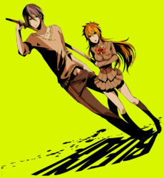Rule 34 | 1boy, 1girl, black hair, bleach, crossed arms, gender request, genderswap, katana, kuchiki rukia, kurosaki ichigo, long hair, orange hair, school uniform, short hair, sword, weapon