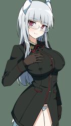 1girl absurdres animal_ears bird_ears bird_girl bird_tail black_jacket blush breasts brown_gloves glasses gloves heidimarie_w._schnaufer highres jacket large_breasts long_hair looking_at_viewer military military_uniform oinari_(koheihei1109) panties red_eyes simple_background smile solo standing strike_witches tail underwear white_hair white_panties world_witches_series