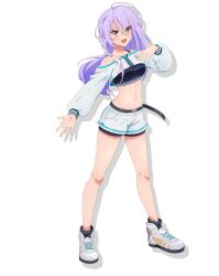 1girl ahoge crop_top full_body hair_between_eyes highres jacket long_hair long_sleeves looking_at_viewer midriff navel official_art open_mouth purple_hair renjakuno_hatsumi shoes shorts skirt smile sneakers solo standing transparent_background white_jacket world_dai_star