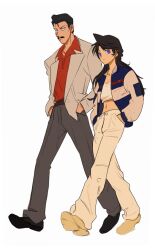 1boy 1girl belt black_hair blue_eyes collared_shirt commentary facial_hair father_and_daughter full_body grey_pants hair_slicked_back jacket long_hair looking_to_the_side meitantei_conan mercuryxun mouri_kogoro mouri_ran mustache pants red_shirt shirt short_hair simple_background white_background