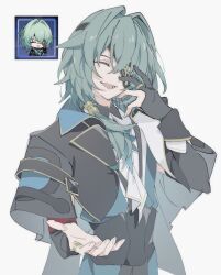 0l0za4 1boy anaxa_(honkai:_star_rail) aqua_hair black_gloves black_jacket closed_eyes gloves highres honkai:_star_rail honkai_(series) jacket male_focus open_mouth partially_fingerless_gloves photo-referenced side_ponytail simple_background smile solo teeth upper_body white_background