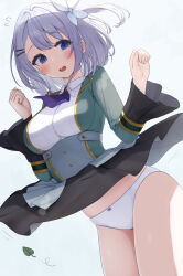 1girl absurdres ascot asigaru3000 blue_eyes breasts clothes_lift collarbone embarrassed green_jacket grey_hair hair_intakes highres hikikomari_kyuuketsuki_no_monmon jacket large_breasts leaf looking_down medium_hair open_mouth panties pantyshot purple_ascot sakuna_memoire shirt simple_background skirt skirt_lift solo striped_clothes striped_shirt underwear vertical-striped_clothes vertical-striped_shirt white_background white_panties white_shirt wide_sleeves wind