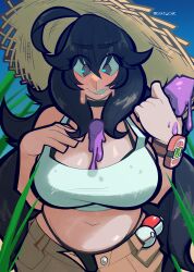 1girl @_@ absurdres ahoge alternate_costume artist_name black_bra black_hair black_panties blush boltycat bra breasts crop_top food hand_on_own_chest hat hex_maniac_(pokemon) highres holding holding_food holding_popsicle large_breasts looking_down navel nintendo panties parted_lips poke_ball poke_ball_(basic) pokemon pokemon_xy popsicle premier_ball purple_eyes solo sun_hat twitter_username underwear