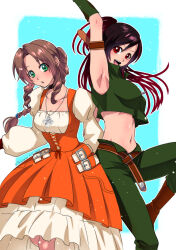2girls absurdres adapted_costume aerith_gainsborough aerith_gainsborough_(garnet&#039;s_gown) armpits arms_up belt black_hair braid braided_ponytail brown_hair cosplay crop_top dreadlocks dress final_fantasy final_fantasy_ix final_fantasy_vii final_fantasy_vii_ever_crisis garnet_til_alexandros_xvii garnet_til_alexandros_xvii_(cosplay) highres jewelry looking_at_viewer multicolored_hair multiple_girls necklace official_alternate_costume open_mouth red_hair salamander_coral salamander_coral_(cosplay) shikiwo sleeveless smile tifa_lockhart tifa_lockhart_(amarant&#039;s_guise) two-tone_hair