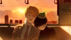 Rule 34 | 2boys, absurdres, black hair, black jacket, blonde hair, blunt bangs, blush stickers, bowl cut, building, buttons, chinese commentary, closed eyes, cloud, collared shirt, commentary request, crossed arms, drooling, ekubo (mob psycho 100), evening, gakuran, grey jacket, hair between eyes, hand grip, head on another&#039;s shoulder, head rest, highres, jacket, kageyama shigeo, lapels, long sleeves, male focus, mob psycho 100, mountainous horizon, multiple boys, necktie, notched lapels, on head, open clothes, open jacket, open mouth, orange sky, parted lips, poster (object), psycho helmet, purple necktie, reigen arataka, school uniform, shirt, short hair, side-by-side, sky, skyscraper, sleeping, spirit, suit jacket, sun, sunset, train interior, white shirt, window, wing collar, yashio shiro