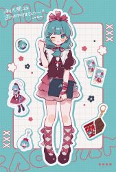1girl alternate_costume aqua_eyes aqua_hair bow candy card charm_(object) chocolate chocolate_bar collared_shirt commentary contemporary flower_symbol food frilled_shirt_collar frilled_sleeves frills front_ponytail full_body grid_background hair_ornament hair_ribbon hairband hairpin hand_up heart heart_in_eye highres holding kagiyama_hina layered_skirt leg_ribbon lolita_hairband medium_hair miniskirt nig_18 one_eye_closed outline pigeon-toed puffy_short_sleeves puffy_sleeves red_bow red_ribbon red_skirt ribbon shirt shoes short_sleeves skirt solo standing symbol-only_commentary symbol_in_eye touhou white_outline