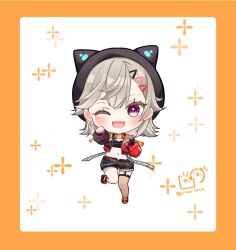 1girl ;d animal_ears animal_hat beret black_hat black_shoes black_shorts border brown_jacket brown_thighhighs chibi commentary_request fake_animal_ears fishnet_thighhighs fishnets garter_straps grey_hair hair_between_eyes hair_ornament hairclip hat jacket komori_met long_sleeves looking_at_viewer navel one_eye_closed open_clothes open_jacket open_mouth orange_border puffy_long_sleeves puffy_sleeves purple_eyes red_jacket rino_cnc shoes short_shorts shorts single_thighhigh smile solo thighhighs twitter_username virtual_youtuber vspo! white_background