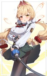 1girl :o absurdres alice_thymefield animal_ear_fluff animal_ears arm_under_breasts artist_name black_pantyhose blonde_hair blush breasts fingerless_gloves flying_sweatdrops foil_(fencing) gloves heterochromia highres holding holding_sword holding_weapon long_hair looking_at_viewer low_twintails maeru medium_breasts orange_eyes pantyhose pleated_skirt signature skirt solo sword twintails weapon yellow_eyes zenless_zone_zero