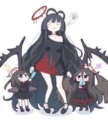 3girls absurdly_long_hair aged_down black_dress black_footwear black_hair black_pantyhose black_shirt black_skirt black_wings blood blood_on_clothes blue_archive blush_stickers breasts brown_wings chibi child collarbone commentary dress eating food full_body giving_up_the_ghost halo hasumi_(blue_archive) holding holding_food holding_hands holding_popsicle long_hair looking_at_another looking_up mashiro_(blue_archive) melting_halo mole mole_under_eye multiple_girls no_nose pantyhose parted_lips popsicle purple_eyes red_eyes red_halo sailor_collar school_uniform shirt skirt small_breasts socks sparkle standing thighs tsurugi_(blue_archive) umihio very_long_hair white_sailor_collar wings