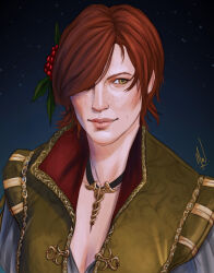 1girl coralie_jubenot green_eyes hair_over_one_eye highres jewelry necklace red_hair shani_(the_witcher) short_hair signature solo the_witcher_(series) the_witcher_3
