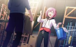1boy 1girl :d ^_^ black_pants black_shorts box bucket closed_eyes colorful_palette dutch_angle game_cg heart highres holding holding_box holding_bucket hood hoodie kanaria_wa_kyuukyou_ni_utau_(project_sekai) official_art ootori_emu open_mouth out_of_frame pants project_sekai shorts smile solo_focus standing third-party_source tongue white_hoodie
