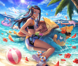 1girl ass ball beachball belly_chain bike_shorts black_hair blue_eyes blue_eyeshadow blue_hair boat breasts cloud commentary creatures_(company) dark-skinned_female dark_skin day drednaw drinking_straw earrings eyeshadow flower galarian_form galarian_slowpoke game_freak gen_1_pokemon gen_2_pokemon gen_8_pokemon gloves goldeen gym_leader hair_bun highres holding hoop_earrings innertube jewelry konomi_(lovecrab) light_beam long_hair looking_at_viewer makeup marill medium_breasts multicolored_hair necklace nessa_(pokemon) nintendo outdoors palm_tree petals pink_flower pokemon pokemon_(creature) pokemon_swsh red_flower sand sandals shore single_glove single_hair_bun sky swim_ring tree two-tone_hair water watercraft