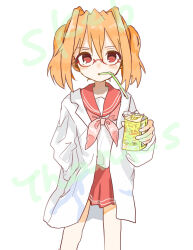 1girl blush dress_shirt drinking drinking_straw drinking_straw_in_mouth glasses highres kagamiko_hanana lab_coat long_hair lucky_star orange_hair pleated_skirt red-framed_eyewear red_eyes ryouou_school_uniform sakuraba_hikaru school_uniform shirt short_twintails skirt tea teacher twintails