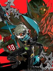 1boy belt black_boots black_jacket black_pants blue_cape blue_gloves boots cape commentary_request copyright_notice countdown erytheia_(persona) foot_out_of_frame gloves green_hair grin hair_over_one_eye highres holding holding_polearm holding_weapon jacket kamiyama_reo long_sleeves looking_at_viewer male_focus mask mura_karuki official_art orange-tinted_eyewear pants persona persona_5 persona_5:_the_phantom_x polearm red_background short_hair simple_background smile spear star_(symbol) tinted_eyewear weapon