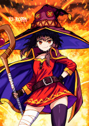 1girl absurdres artist_name bandaged_leg bandages belt belt_buckle black_collar black_gloves brown_belt brown_cape brown_hair brown_hat buckle cape collar collarbone contrapposto dot_(yo_roppa) dress explosion fingerless_gloves gloves hand_on_own_hip hat highres holding holding_staff kono_subarashii_sekai_ni_shukufuku_wo! long_sleeves looking_at_viewer megumin red_dress red_eyes short_dress short_hair_with_long_locks sidelocks single_thighhigh smile staff standing thighhighs witch_hat yellow_trim