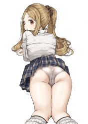 1girl absurdres ass blonde_hair bra_visible_through_clothes clothes_lift commentary gatsby_ssl highres idolmaster idolmaster_cinderella_girls long_hair looking_at_viewer looking_back lying mochizuki_hijiri on_stomach panties ponytail red_eyes shirt simple_background skirt skirt_lift solo underwear white_background white_panties white_shirt