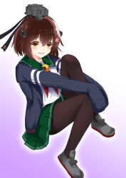 1girl black_pantyhose brown_eyes brown_hair cosplay crescent crescent_pin flower gradient_background green_sailor_collar green_skirt hair_flower hair_ornament highres jacket kantai_collection long_sleeves mutsuki_(kancolle) mutsuki_(kancolle)_(cosplay) mutsuki_kai_ni_(kancolle) mutsuki_kai_ni_(kancolle)_(cosplay) neckerchief open_mouth pantyhose pleated_skirt purple_background red_neckerchief sailor_collar school_uniform serafuku short_hair sitting skirt smile solo speaking_tube_headset yuki_4040 yukikaze_(kancolle) yukikaze_kai_ni_(kancolle)