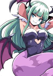 Rule 34 | 1girl, armpits, arms behind head, bat wings, blue eyes, breasts, capcom, cleavage, crossed legs, darkstalkers, demon girl, green hair, grin, half-closed eyes, highres, large breasts, legs, leotard, long hair, looking at viewer, morrigan aensland, pantyhose, sitting, smile, solo, teeth, thick thighs, thighs, wings