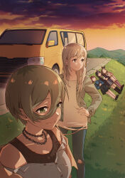 5girls absurdres ahoge awa_subaru black_hair black_jacket black_overalls black_shoes blue_pants blue_sweater brown_eyes brown_hair brown_jacket brown_tank_top commentary dress_shirt ebizuka_tomo english_commentary girls_band_cry grey_eyes grey_hair grey_skirt hair_between_eyes hand_on_own_hip highres iseri_nina jacket kawaragi_momoka long_hair long_hair_between_eyes low_twintails mole mole_under_eye motor_vehicle multicolored_hair multiple_girls off_shoulder open_clothes open_jacket open_mouth outdoors overalls pants pantyhose parted_bangs pink_jacket plaid_clothes plaid_skirt pleated_skirt purple_pantyhose road roots_(hair) rupa_(girls_band_cry) shirt shoes short_hair short_twintails sidelocks skirt summer_left sunset sweater tank_top togenashi_togeari torn_clothes torn_pants twintails van white_shirt