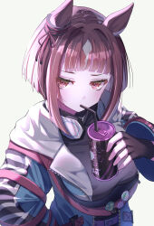Rule 34 | 1girl, animal ears, aqua coat, badge, belt, black gloves, blush, bob cut, bow, breasts, brown hair, button badge, can, coat, drink can, drinking straw, drinking straw in mouth, ear ornament, ear ribbon, energy drink, fingerless gloves, gloves, headphones, headphones around neck, highres, holding, holding can, horse ears, horse girl, horseshoe ornament, inverted bob, jacket, large breasts, long sleeves, looking at viewer, multicolored hair, red eyes, short hair, simple background, solo, takenaka takeshi, transcend (umamusume), umamusume, white background, white hair, zipper, zipper pull tab