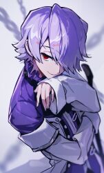 Rule 34 | 1boy, chain, closed mouth, coat, commentary, cowboy shot, hair over one eye, hashtag-only commentary, highres, long sleeves, looking to the side, male focus, one eye covered, pandora hearts, parted bangs, purple hair, red eyes, sideways glance, sleeve cuffs, sleeves past wrists, smile, solo, standing, themoonrabbit, xerxes break