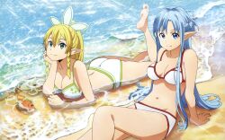 10s 2girls absurdres aqua_eyes aqua_hair arm_support ass asuna_(sao) asuna_(sao-alo) barefoot beach bikini blonde_hair braid breasts feet green_eyes highres kirigaya_suguha large_breasts leafa_(sao) long_hair looking_at_viewer lying medium_breasts multiple_girls on_stomach pointy_ears ponytail sand smile soles swimsuit sword_art_online toes