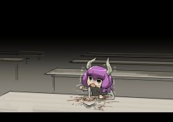 1girl aura_(sousou_no_frieren) aura_bullying_(meme) bowl chopsticks crying crying_with_eyes_open demon_girl demon_horns eating flying_sweatdrops food food_on_face grey_shirt horns meme messy noodles open_mouth purple_hair sashizume_soutarou shirt sitting solo sousou_no_frieren tears