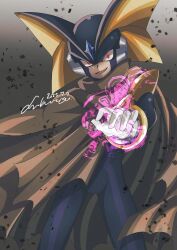 Rule 34 | 1boy, baron-0628, bass.exe (mega man), black bodysuit, black helmet, bodysuit, brown cloak, cloak, cowboy shot, dated, glowing, glowing eyes, gradient background, helmet, highres, male focus, mega man (series), mega man battle network (series), red eyes, signature, simple background, solo