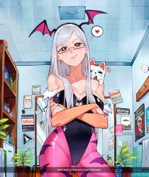 1girl anger_vein animal animal_on_shoulder animal_print ayase_seiko bat_print bat_wings bathroom black_leotard black_nails blush breasts bridal_gauntlets brown_hair cat cesar_art456 cleavage closed_mouth clothing_cutout commentary cosplay cowboy_shot crossed_arms cutout_above_navel dandadan darkstalkers earrings english_commentary english_text fake_wings flower_pot fur-trimmed_leotard fur_trim glasses grey_hair head_wings heart heart_cutout highleg highleg_leotard highres jewelry large_breasts leotard long_hair looking_at_viewer mature_female mirror morrigan_aensland morrigan_aensland_(cosplay) nail_polish off-shoulder_leotard pantyhose parted_bangs plant poster_(object) potted_plant print_pantyhose purple_pantyhose semi-rimless_eyewear shelf solo spoken_heart standing swept_bangs tile_floor tile_wall tiles towel towel_rack turbo_granny_(dandadan) under-rim_eyewear very_long_fingernails very_long_hair white_cat wings