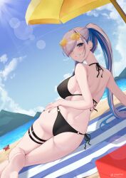 1girl absurdres alternate_costume arm_support ass back barefoot beach beach_umbrella bikini black_bikini blue_eyes blue_hair blue_nails blue_sky breasts bright_pupils colored_inner_hair commentary crab day dutch_angle earrings english_commentary eyewear_on_head fanged_bangs from_behind girarikyo gradient_nails green_nails grey_hair grin hair_over_one_eye halterneck hand_on_own_hip highres hololive hololive_indonesia jewelry large_breasts lens_flare long_hair looking_at_viewer looking_back median_furrow multicolored_hair nail_polish o-ring o-ring_bikini outdoors paid_reward_available pavolia_reine shoulder_blades side-tie_bikini_bottom sky smile soles solo string_bikini sunglasses swept_bangs swimsuit thigh_strap tinted_eyewear twintails umbrella very_long_hair virtual_youtuber white_pupils yellow-tinted_eyewear