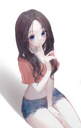 1girl absurdres between_legs black_hair blue_eyes blue_shorts boong0619 choker commentary_request crop_top cutoffs denim denim_shorts hand_between_legs hand_up highres index_finger_raised korean_commentary long_hair looking_at_viewer midriff navel original red_shirt shirt short_shorts shorts simple_background solo stomach thighs white_background white_choker
