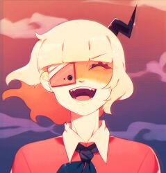1girl :d ^_^ bandaged_head bandages black_horns black_neckerchief blonde_hair blunt_bangs cellphone closed_eyes collared_shirt crying eyepatch facing_viewer horns jammies_(mochike) long_sleeves neckerchief open_mouth phone phone_eyepatch pink_sweater puffy_sleeves ruru_(shinsei_kamattechan) shinsei_kamattechan shirt short_hair single_horn smile solo sunset sweater tongue upper_body white_shirt