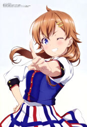 Rule 34 | 1girl, absurdres, blue eyes, brown hair, fujimoto satoru, hair ornament, hairclip, heart, heart hair ornament, highres, idol, idol clothes, index finger raised, long hair, looking at viewer, magazine scan, megami magazine, nabatame haru, official art, one eye closed, plaid clothes, plaid skirt, pleated skirt, scan, shine post, shirt, skirt, solo, teeth, white background, white shirt