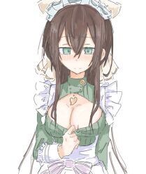 1girl apron arm_at_side arrow_(symbol) assault_lily blush bow breasts brown_bow brown_hair cleavage cleavage_cutout clothes_pull clothing_cutout frilled_apron frilled_sleeves frills green_eyes green_sweater hair_between_eyes hair_bow hand_up jewelry long_bangs long_hair long_sleeves looking_at_viewer maid maid_headdress medium_breasts necklace nose_blush official_alternate_costume ooinaru_ishi_(zwna_m) pendant pulling_own_clothes ribbed_sweater serizawa_chikaru sidelocks simple_background solo sweater sweater_pull upper_body white_apron white_background