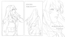 2girls blush closed_mouth commentary_request fujino_shizuru fuuka_academy_school_uniform greyscale guri_gom highres korean_commentary korean_text kuga_natsuki long_hair monochrome multiple_girls my-hime parted_lips pleated_skirt school_uniform skirt translation_request