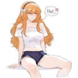 1girl blue_shorts bow breasts brown_hairband green_eyes hair_bow hairband highres ishmael_(project_moon) large_breasts limbus_company long_hair long_sleeves looking_to_the_side muffin_top off-shoulder_shirt off_shoulder orange_hair project_moon ribwunn shirt short_sleeves shorts sidelocks solo sweat very_long_hair white_bow white_shirt