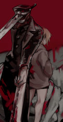 1boy 1girl back-to-back black_coat blonde_hair blood blood_on_clothes bloody_weapon chainsaw_man coat grey_hoodie grey_jacket hat highres hood hoodie hybrid jacket katana katana_man_(chainsaw_man) long_coat looking_away military_hat nakano_(2_mannaka) no_eyes open_mouth sawatari_akane_(chainsaw_man) short_shorts shorts simple_background snake_devil_(chainsaw_man) sword weapon