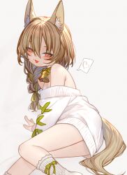1girl :d arknights bare_shoulders beanstalk_(arknights) bell braid fangs feet_out_of_frame hair_over_shoulder hair_ribbon heart highres hyena_ears hyena_girl hyena_tail kochiya_(gothope) long_hair long_sleeves looking_at_viewer neck_bell off-shoulder_sweater off_shoulder open_mouth red_eyes ribbon ribbon_braid single_braid skin_fangs smile spoken_heart sweater white_sweater