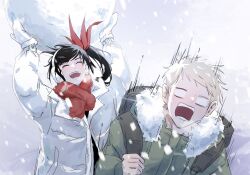 Rule 34 | 1boy, 1girl, backpack, bag, black hair, closed eyes, coat, earmuffs, evan edrok, fur-trimmed coat, fur-trimmed scarf, fur trim, gloves, green bag, green coat, grey hair, ha yuri zahard, hair ribbon, highres, holding, holding snowball, light smile, long hair, long sleeves, open mouth, original, ponytail, red ribbon, red scarf, ribbon, sanasanase, scared, scarf, screaming, shaded face, snow, snowball, snowing, teeth, tower of god, white coat, wide-eyed, winter clothes, winter coat, winter gloves