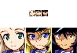 Rule 34 | 2ac5, 3girls, andou (girls und panzer), bad id, bad pixiv id, black hair, black hat, blonde hair, closed mouth, commentary request, expressionless, girls und panzer, green eyes, hat, inactive account, looking at viewer, marie (girls und panzer), medium hair, multiple girls, oshida (girls und panzer), peaked cap, pixel art, purple eyes, smile, split mouth, yellow eyes