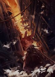 1boy :&lt; absurdres animal_ears black_jacket black_pants brown_eyes brown_hair closed_mouth commentary cowboy_shot dutch_angle english_commentary freckles gears hand_in_pocket high_collar highres jacket kurasaka long_sleeves male_focus orange_sky original outdoors pants rabbit_ears sky smoke solo