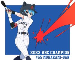 1boy 1girl 2023 animal_ears baseball baseball_bat baseball_helmet baseball_uniform black_socks blue_background blue_eyes blue_hair border cat_ears character_name closed_mouth german_shiroishi gloves helmet holding holding_baseball_bat looking_afar male_focus misskey.io murakami-san_(misskey.io) outside_border pants playing_sports shirt short_hair short_sleeves socks solo sportswear striped_clothes striped_shirt swinging_baseball_bat v-shaped_eyebrows vertical-striped_clothes vertical-striped_shirt white_border white_gloves white_pants world_baseball_classic