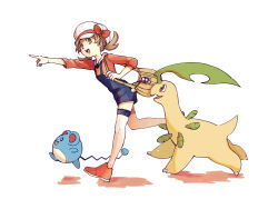Rule 34 | 1girl, absurdres, animal ears, bayleef, brown hair, full body, gen 2 pokemon, hat, highres, lyra (pokemon), marill, morisawa tsuneka, mouse ears, newsboy cap, nintendo, open mouth, overalls, pokegear, pokemon, pokemon (creature), pokemon hgss, red shoes, shoes, simple background, thighhighs, white background, white thighhighs