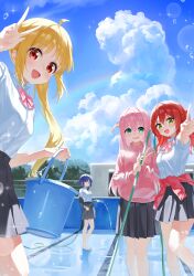 4girls absurdres ahoge aqua_eyes bad_tag barefoot black_ribbon black_undershirt blonde_hair blue_hair blue_sky blush bocchi_the_rock! bow bowtie breasts bucket bucket_of_water cardigan cardigan_around_waist cleaning_pool closed_mouth clothes_around_waist cloud cloudy_sky collared_shirt commentary_request cube_hair_ornament day double-parted_bangs embarrassed expressionless feet_out_of_frame fence gotoh_hitori green_eyes grey_skirt hair_ornament hairclip hands_up highres holding holding_bucket holding_hose holding_mop hose ijichi_nijika iron_fence jacket kessoku_band kita_ikuyo large_breasts layered_sleeves lens_flare long_hair long_sleeves looking_at_viewer medium_breasts mole mole_under_eye mop multiple_girls neck_ribbon one_side_up open_mouth orange_eyes outdoors parallel_hairclips parted_bangs pink_bow pink_bowtie pink_cardigan pink_jacket pleated_skirt pool rainbow raised_inner_eyebrows red_hair ribbon rissenka school_uniform shimokitazawa_high_school_uniform shirt short_hair short_over_long_sleeves short_sleeves shuka_high_school_uniform side_ponytail skirt sky smile sparkle standing straight_hair sunlight track_jacket tree v water wavy_mouth white_shirt wide_shot wispy_bangs yamada_ryo