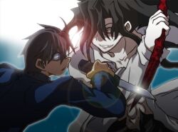 Rule 34 | 2boys, battle, black hair, blue eyes, fighting, hemokinesis, holding, holding knife, holding weapon, knife, long hair, long sleeves, michael roa valdamjong, multiple boys, mystic eyes of death perception, nanatsu-yoru, open clothes, open shirt, red eyes, school uniform, short hair, smile, tententensan, tohno shiki, tsukihime, weapon