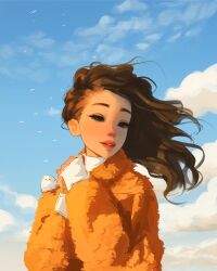 1girl 1other :d bird blue_sky brown_eyes brown_hair cloud cloudy_sky day fur_jacket gloves grin hair_flowing_over hand_on_own_chest highres holding_own_hand jacket looking_at_viewer medium_hair open_mouth orange_gloves orange_jacket original sam_yang sky smile upper_body wavy_hair