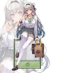 Rule 34 | 1girl, aile (crossroads), bag, black hairband, black ribbon, bow, bowtie, breasts, brown bag, buttons, closed mouth, collarbone, commentary, cream, cream on face, crepe, double-breasted, firefly (honkai: star rail), firefly (spring missive) (honkai: star rail), food, food on face, green bow, green bowtie, green hair, grey hair, grey sailor collar, grey skirt, hair ribbon, hairband, highres, holding, holding bag, holding crepe, holding food, honkai: star rail, honkai (series), loafers, long hair, long sleeves, looking at viewer, medium breasts, official alternate costume, plaid clothes, plaid skirt, purple eyes, ribbon, sailor collar, school bag, school uniform, serafuku, shirt, shoes, sitting, sitting on fence, skirt, smile, thighhighs, thighs, very long hair, white shirt, white thighhighs, zettai ryouiki, zoom layer